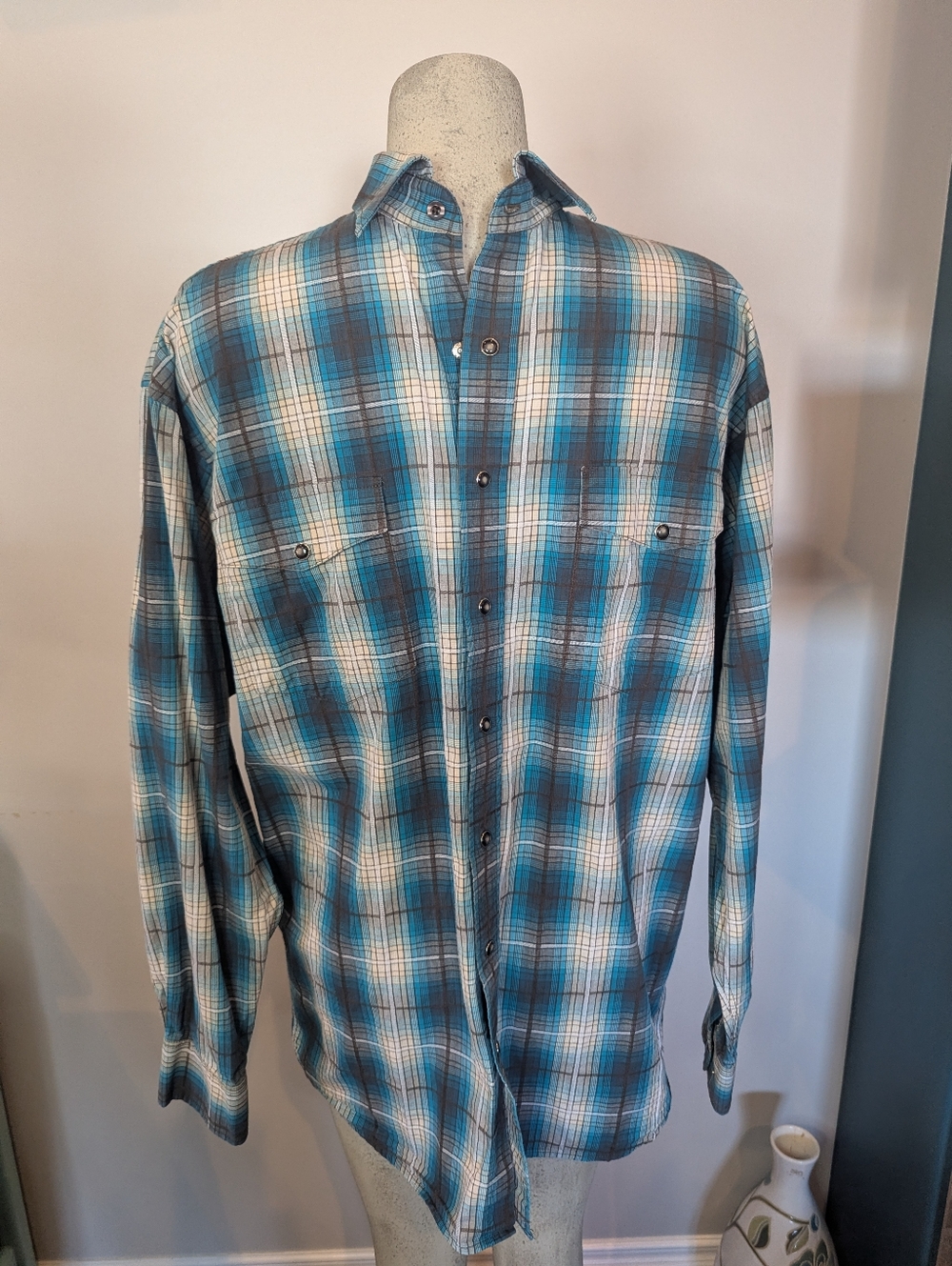 Panhandle Cowboy Shirt men's plaid Teal & Gray Cotton Snap Western shirt Sz M T